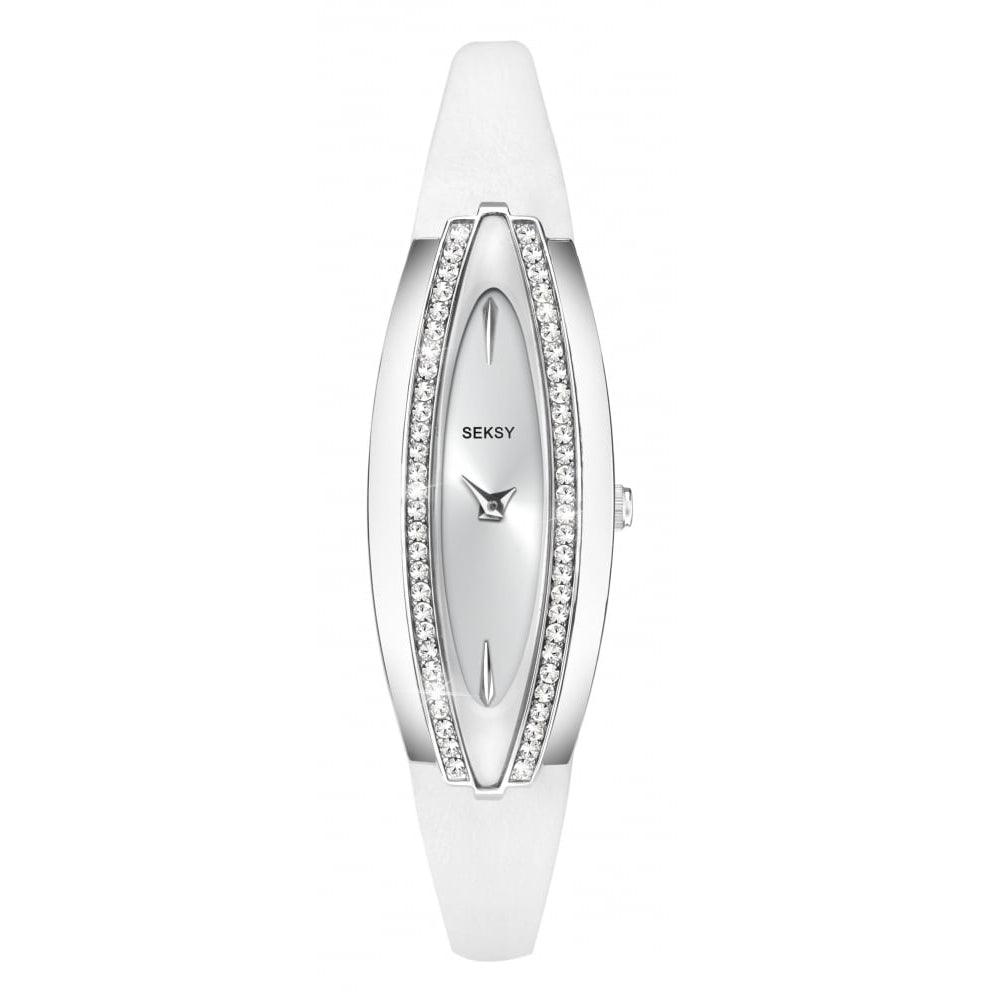 Silver Dial & White Leather Strap Ladies Watch