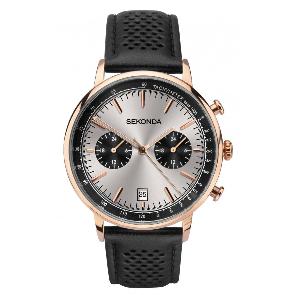 Rose Gold Plated Case With Silver Dual Time Dial & Black Leather Strap Gents Watch
