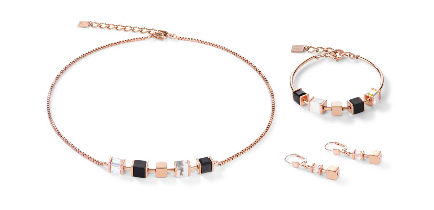 Black-white Geo Cube & Rose Gold Plated Chain Necklace