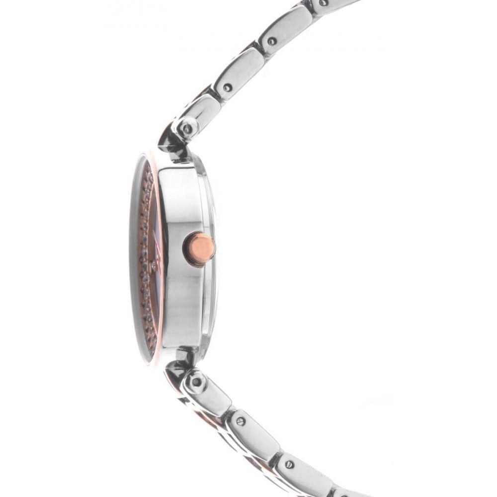 Two Tone Stone Set Case With Silver Sunray Dial & Two Tone Bracelet Strap Ladies Watch