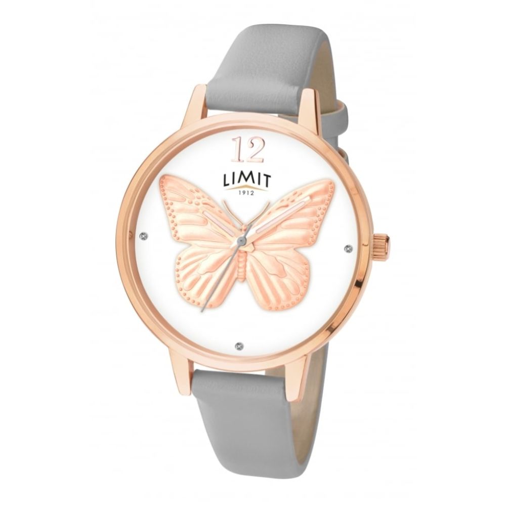 Rose Gold Tone Case With 3D Butterfly Print White Dial & Grey PU Strap Ladies Watch