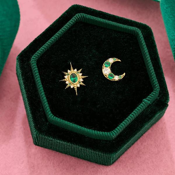 Luna Mismatch Star & Moon Studs In Emerald CZ & Gold