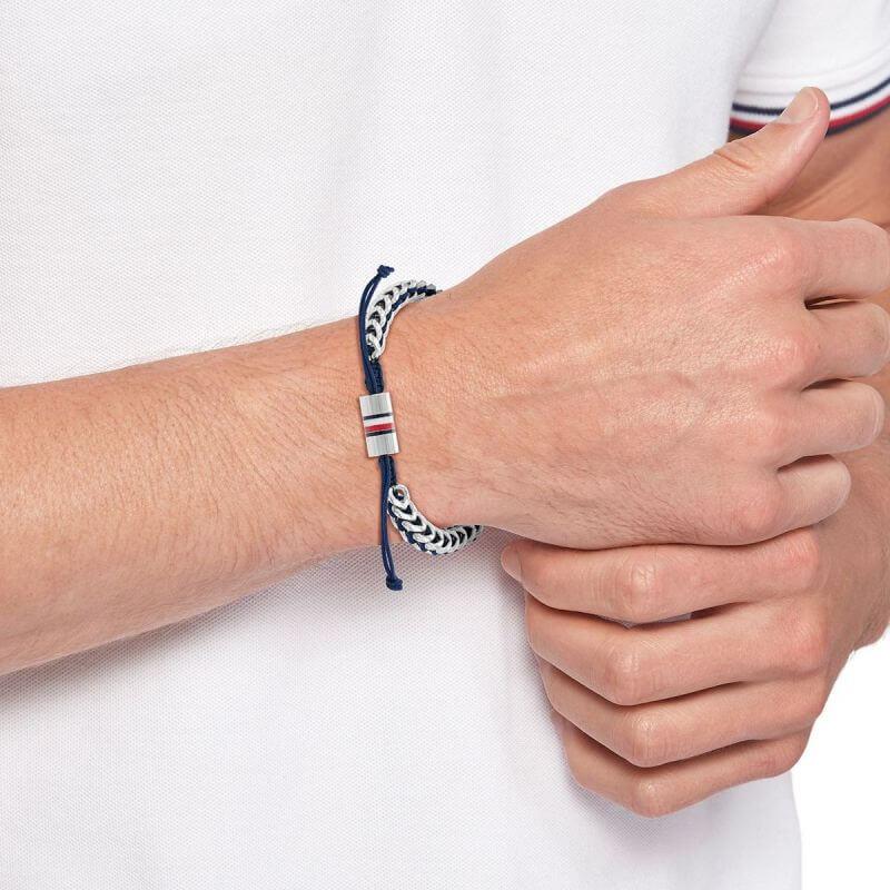 SS & Navy Nylon Mens Braided Metal Bracelet