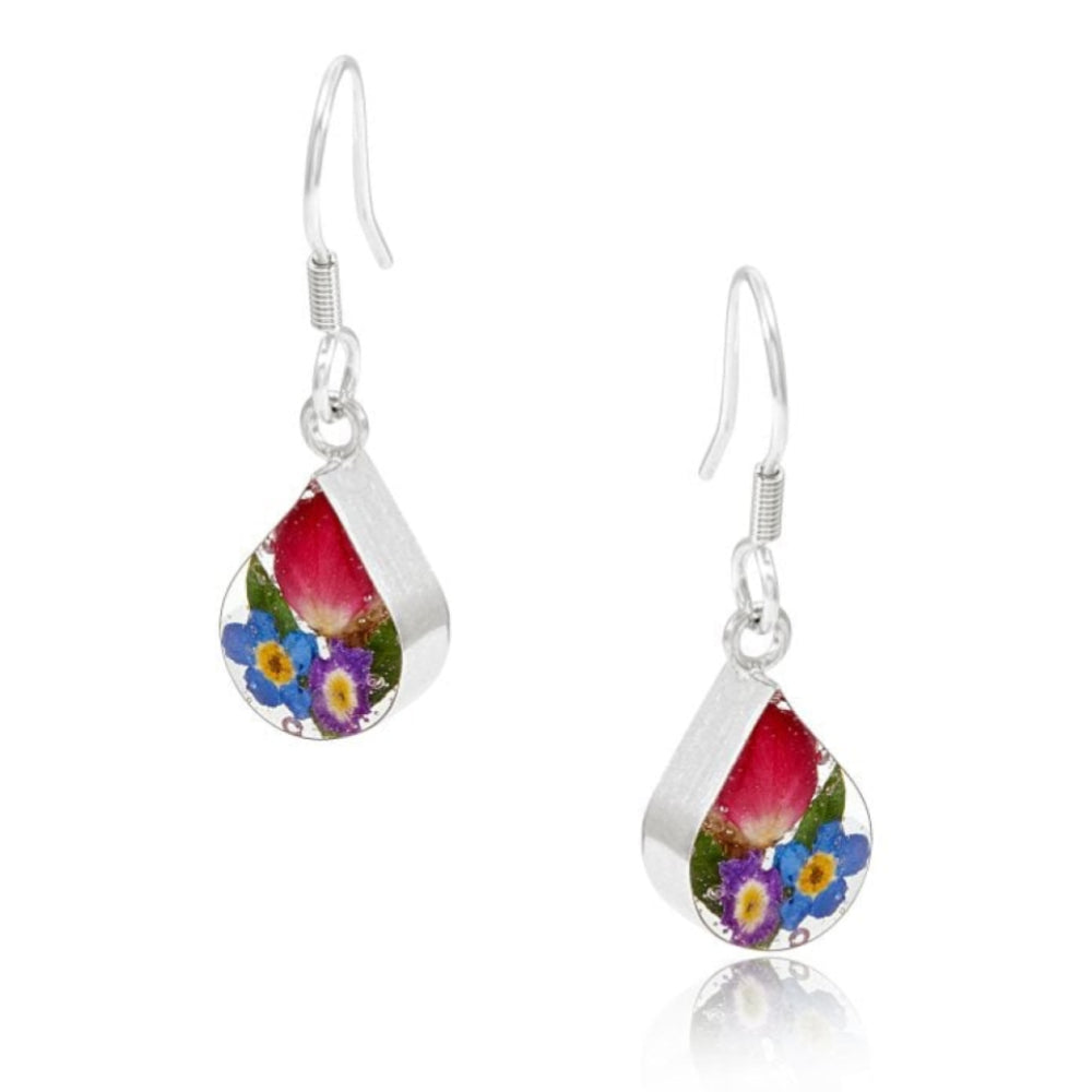 Silver Drop Earrings - Mixed Flowers - xs Teardrop