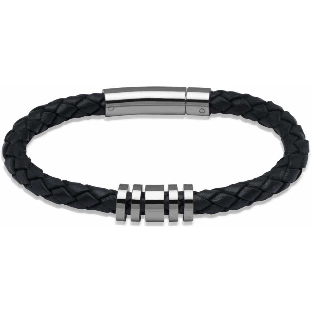 Navy Blue Leather Bracelet With Steel Elements