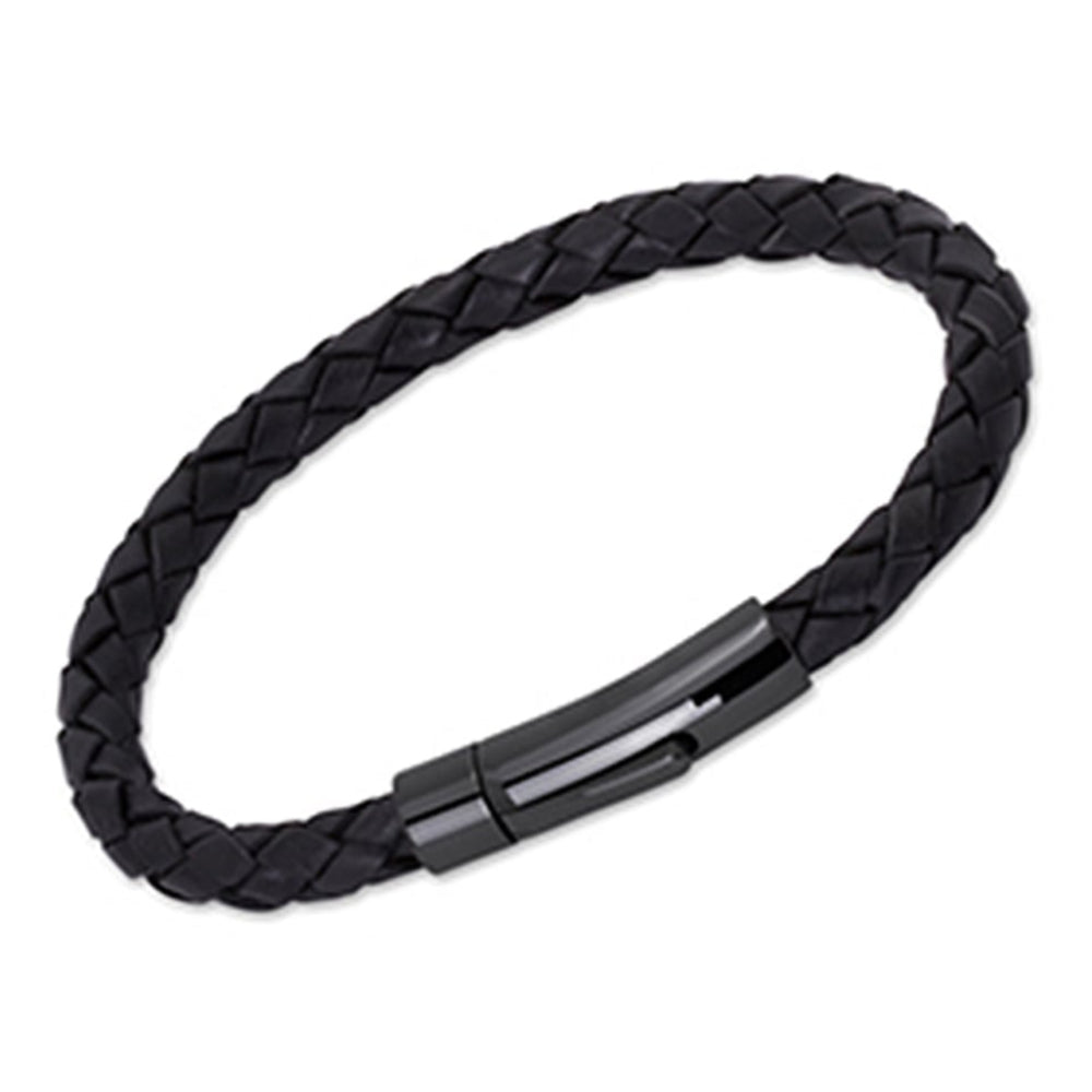 Black Leather Bracelet with Black Steel Clasp
