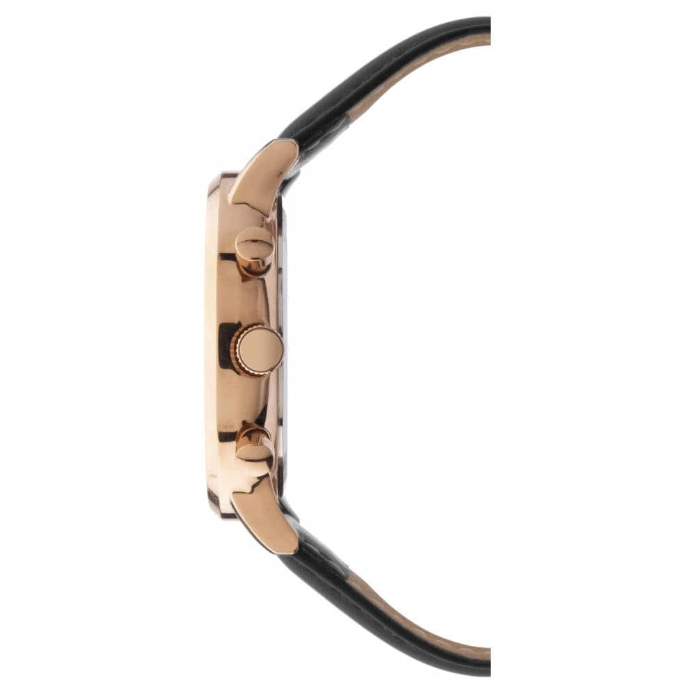 Rose Gold Tone Case With Dual Time Silver Dial & Black Leather Strap Gents Watch
