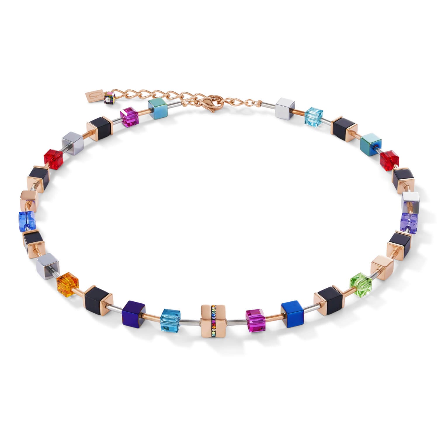 Crystals Pave, Swarovski Crystals, Onyx Multicolour & Rose Gold Geo Cubes Necklace