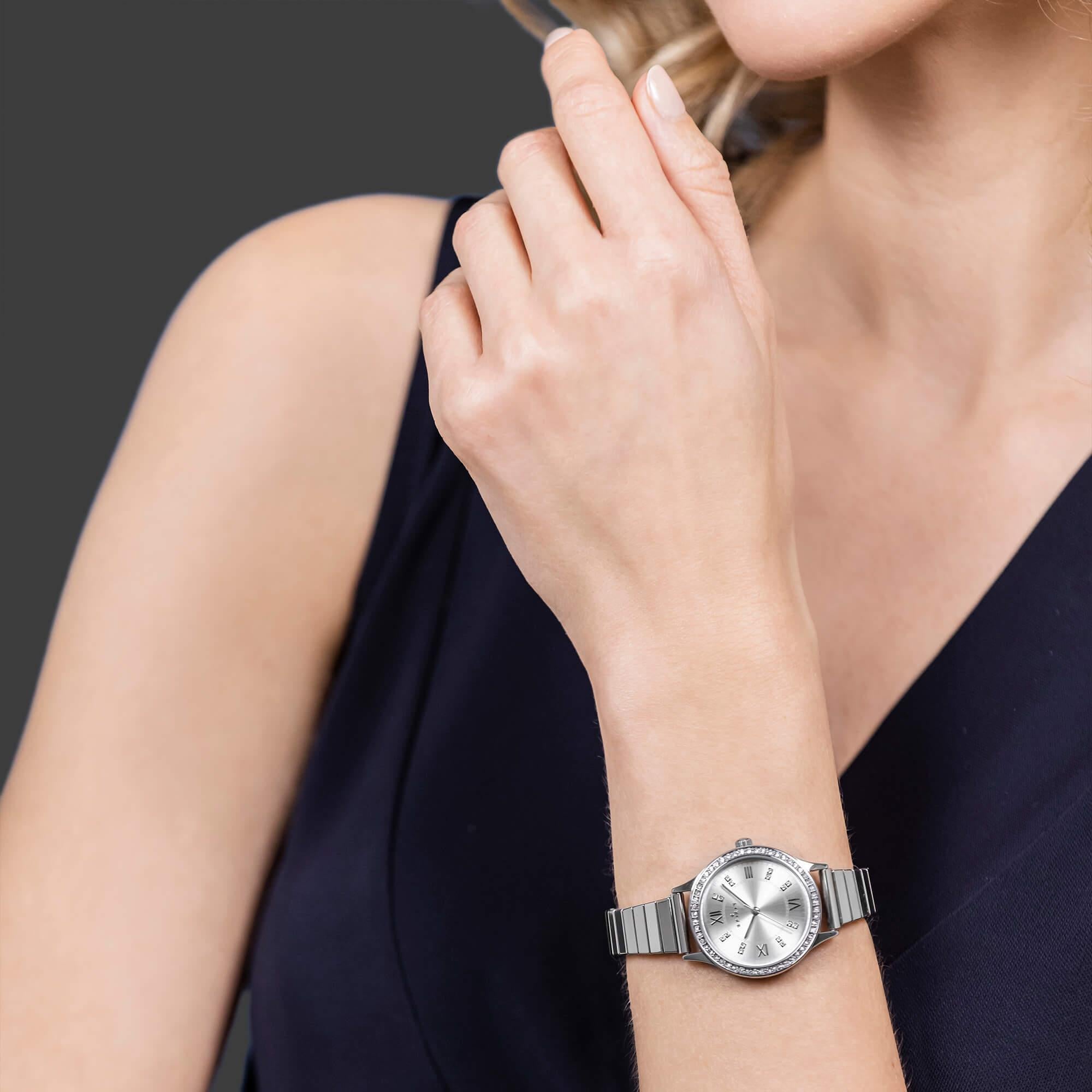 Ladies Polished Silver & Stone Set Bezel Bracelet Watch