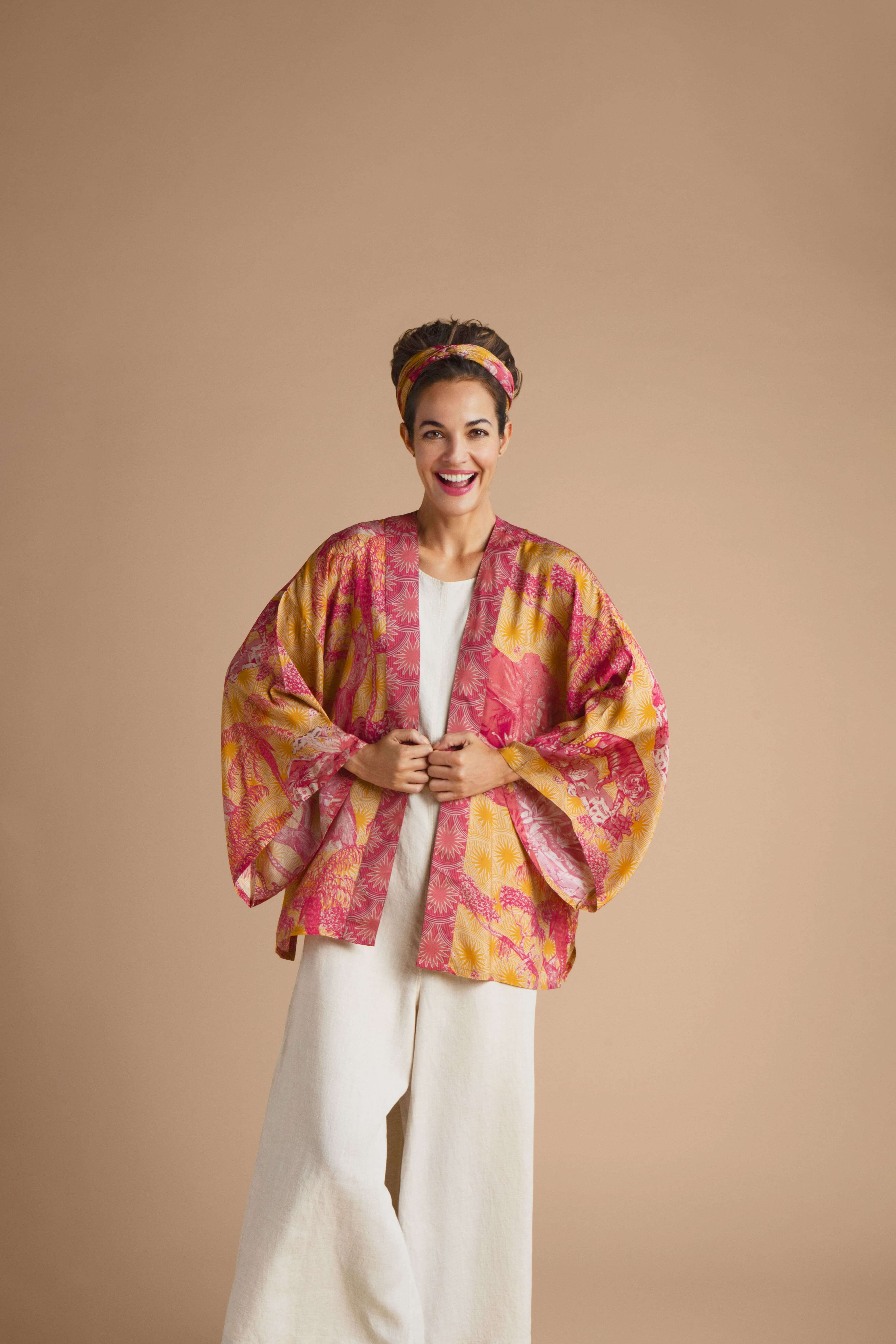 Tropical Toile Kimono Jacket - Pineapple & Fuchsia