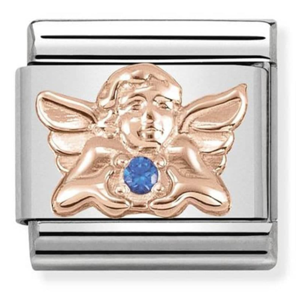 Classic Symbols In Steel, 9K Rose Gold & Blue CZ Angel Of Health & Wellbeing Link