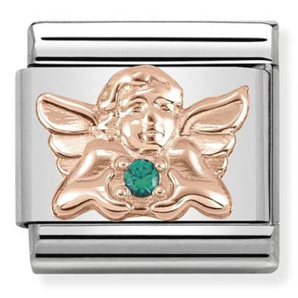 Classic Symbols In Steel, 9K Rose Gold & Green CZ Angel Of Good Luck Link