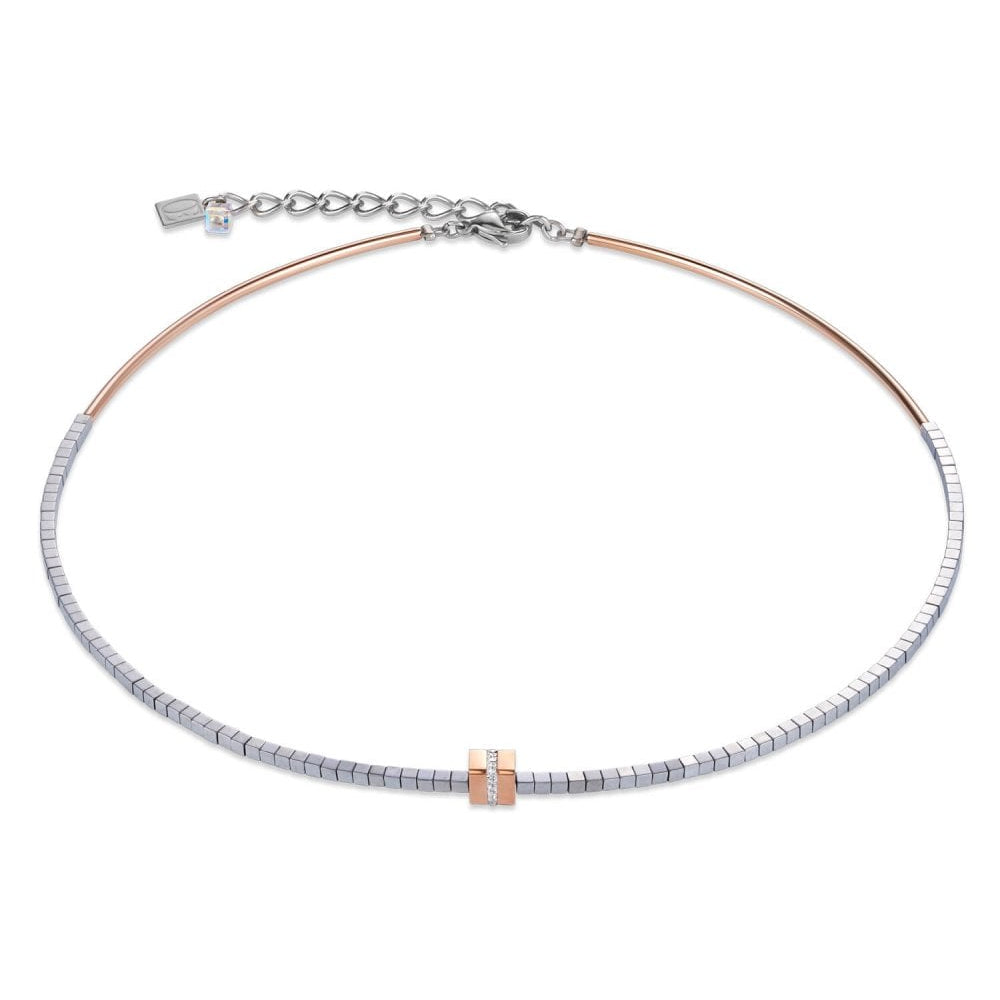 Rose Gold-Silver Cube Pendant Haematite Silver Necklace