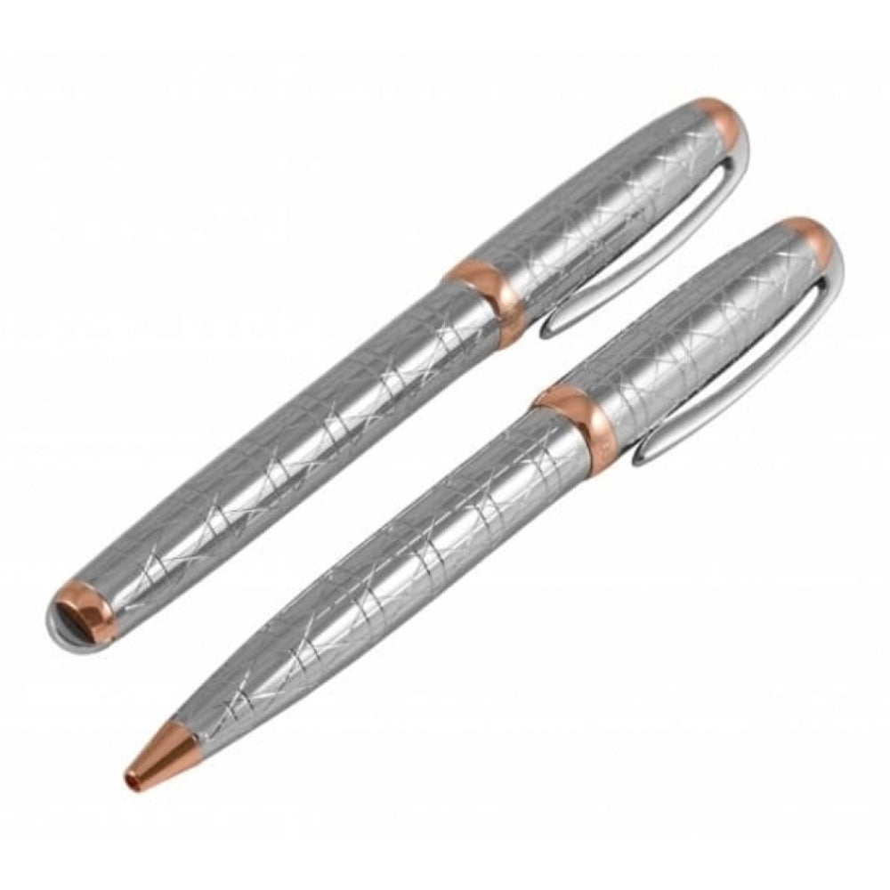 Silver Ball Point & Roller Ball Pen Set With Vertical, Horizontal & Diagonal Lines
