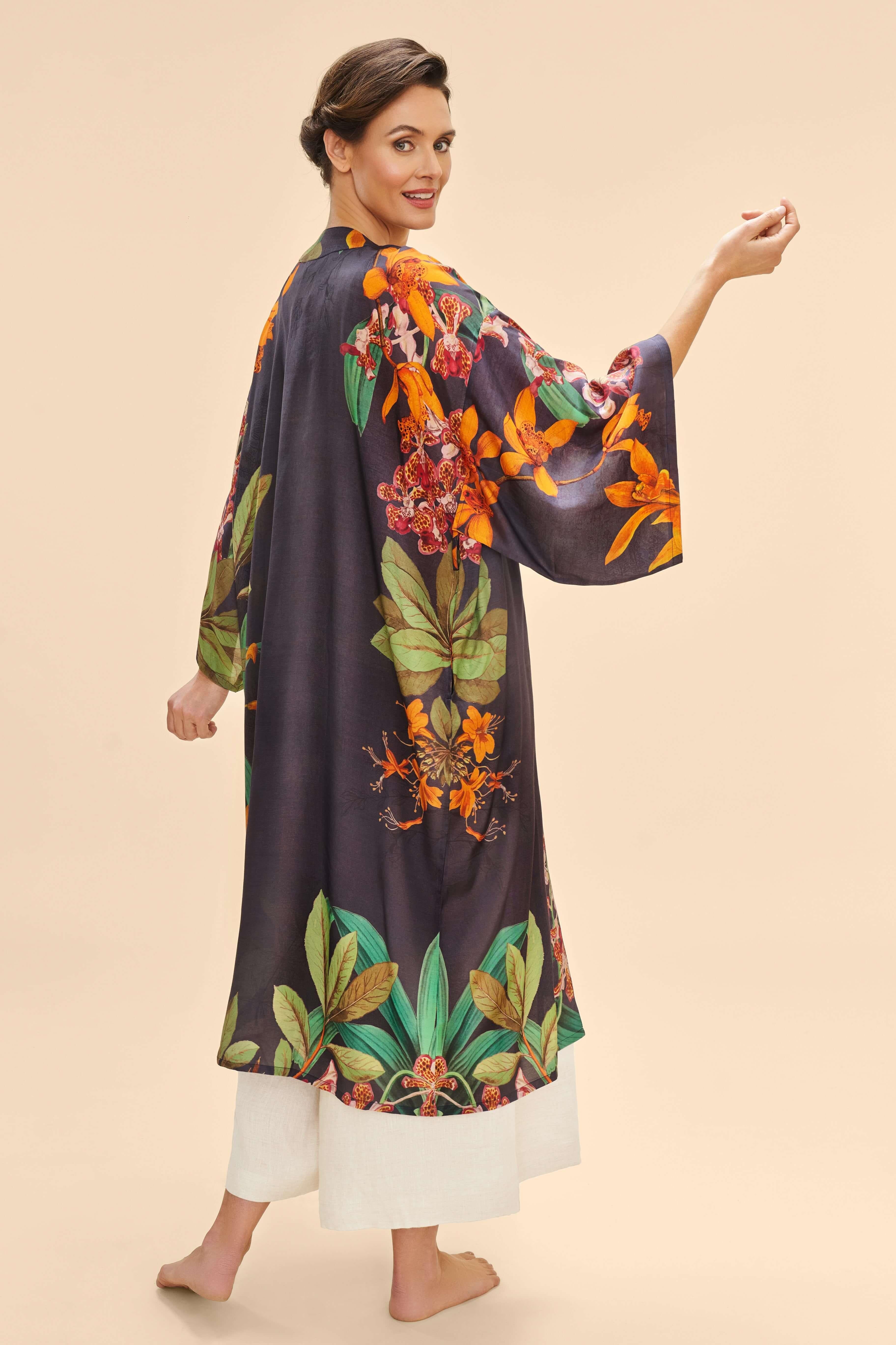 Botany Bliss in Charcoal Kimono Gown