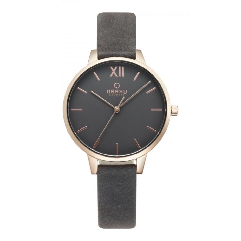 Rose Gold Plated Black Dial & Leather Strap Ladies Watch