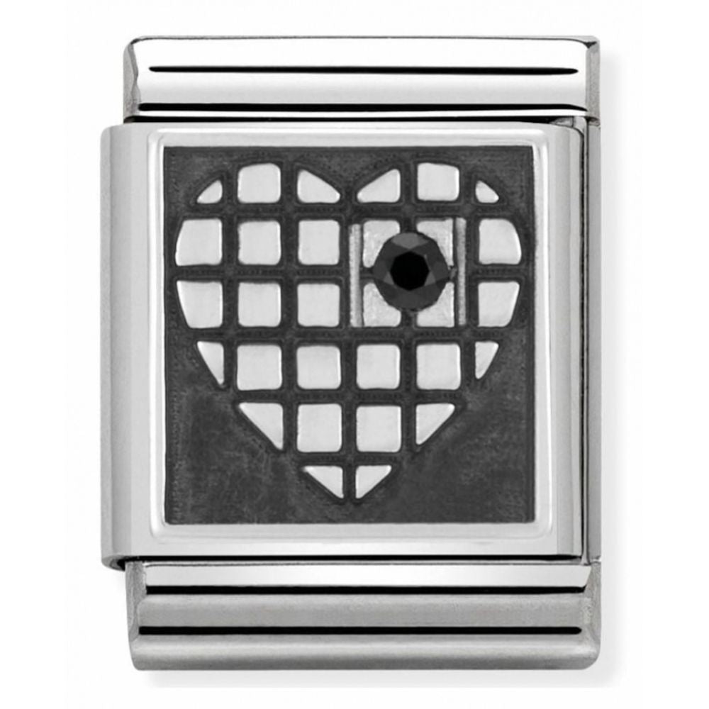 Composable Big Stainless Steel, Sterling Silver, Enamel & A Black Cubic Zirconia Heart With Grid Charm