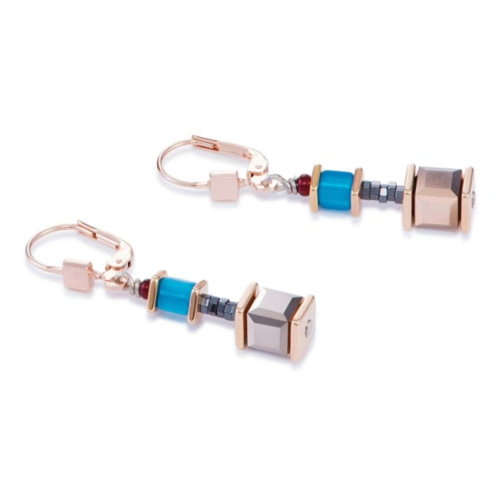 Multicolour Winter 2 Geo Cube & Rose Gold Pierced Earrings