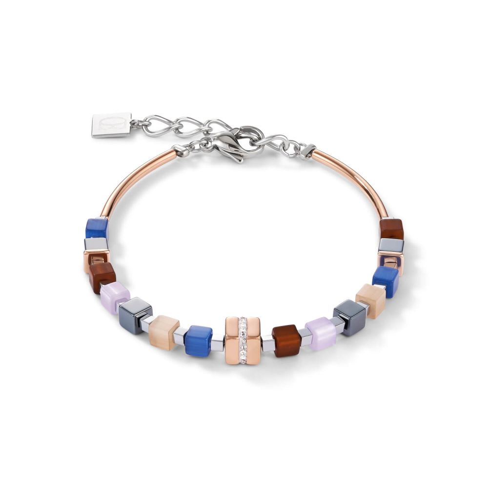 Stainless Steel Rose Gold & Crystals Pave Blue-Brown Geo Cube Bracelet