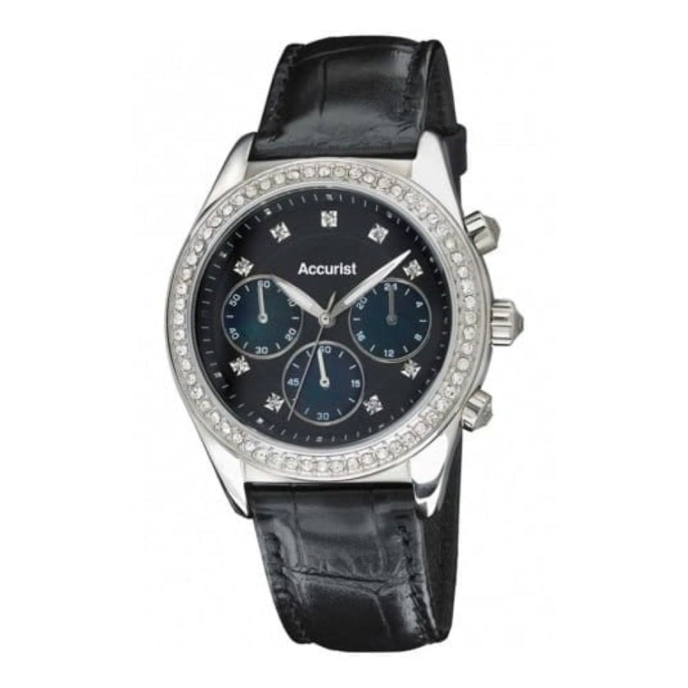Black Crystalised MOP Leather Ladies Watch