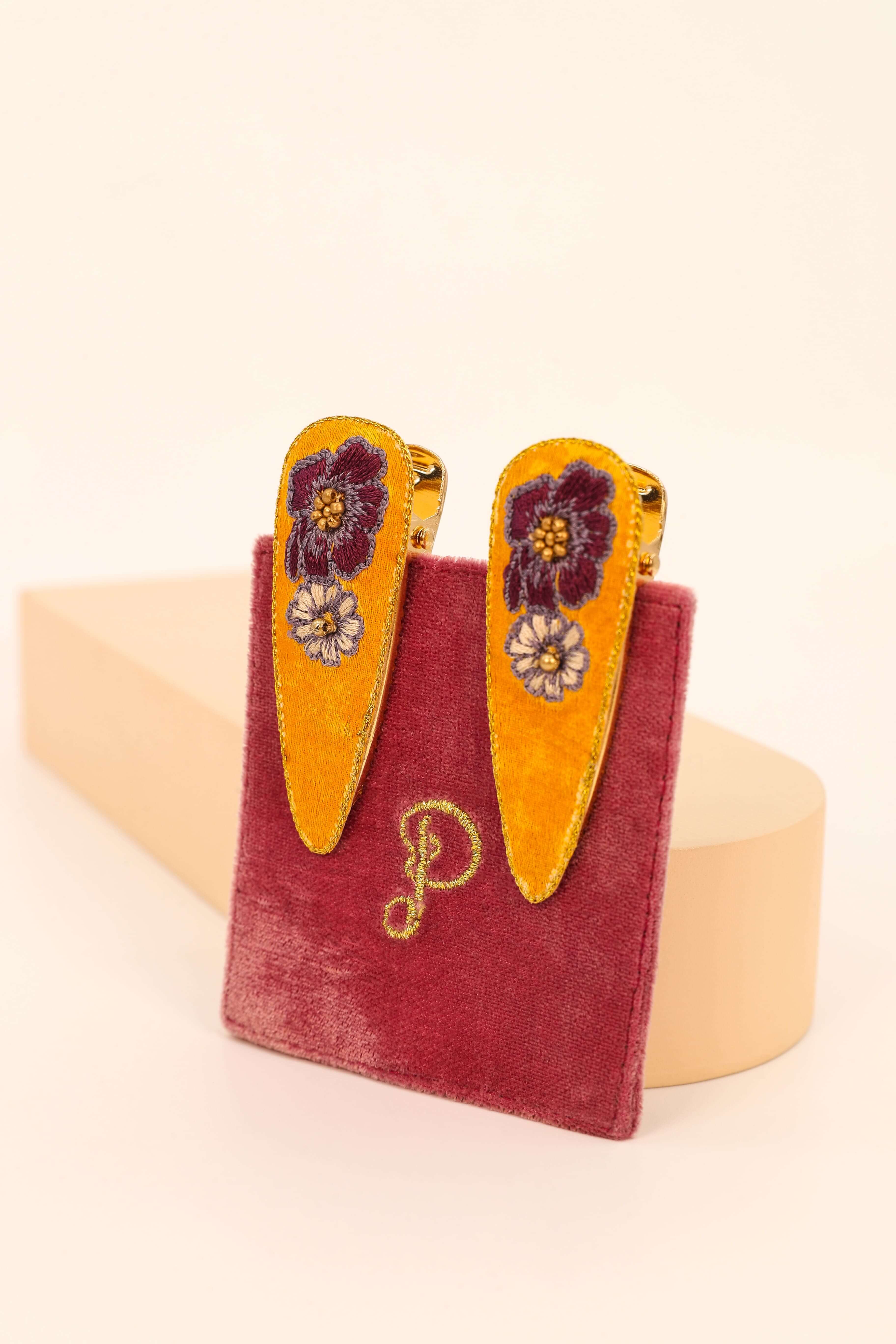 Purple Posie Embroidered Hair Clips