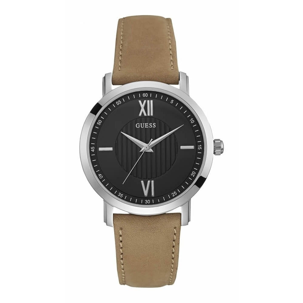 Gents Silver Circle Black Dial & Light Brown Leather Strap Watch
