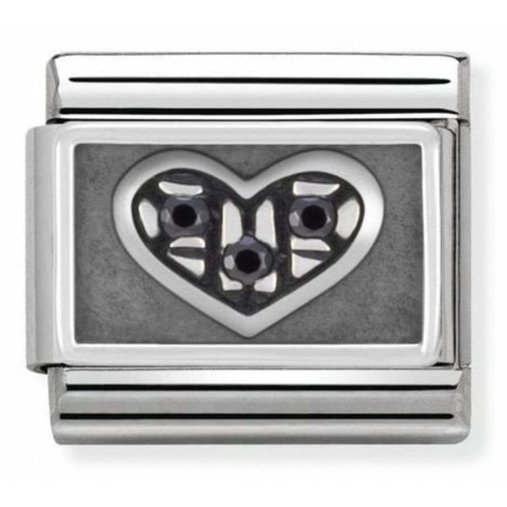 Classic Heart With Black CZ In Stainless Steel, Enamel, Cub. Zirc & Sterling Silver Charm