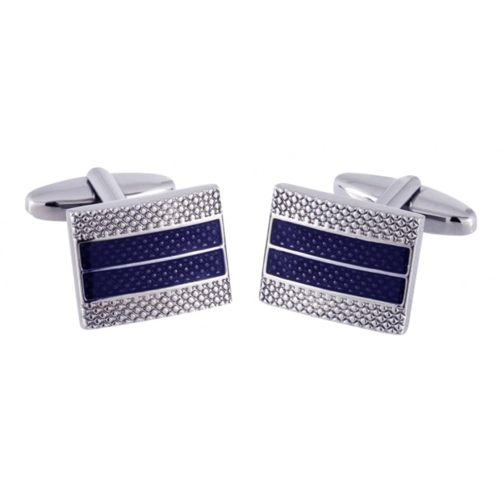 Rectangular Silver Tone & Blue Cufflink With Diagonal Lines On Edge
