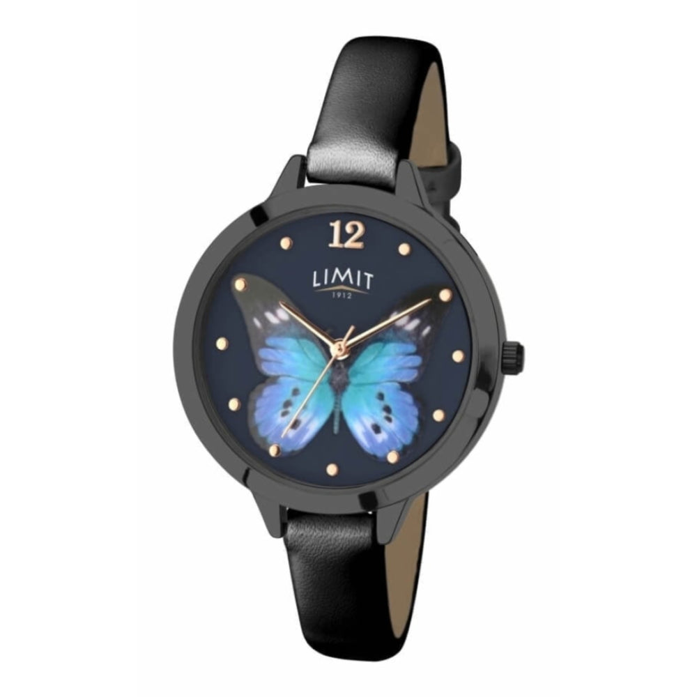 Stainless Steel Matt Black Butterfly Print Dial & PU Strap Ladies Watch