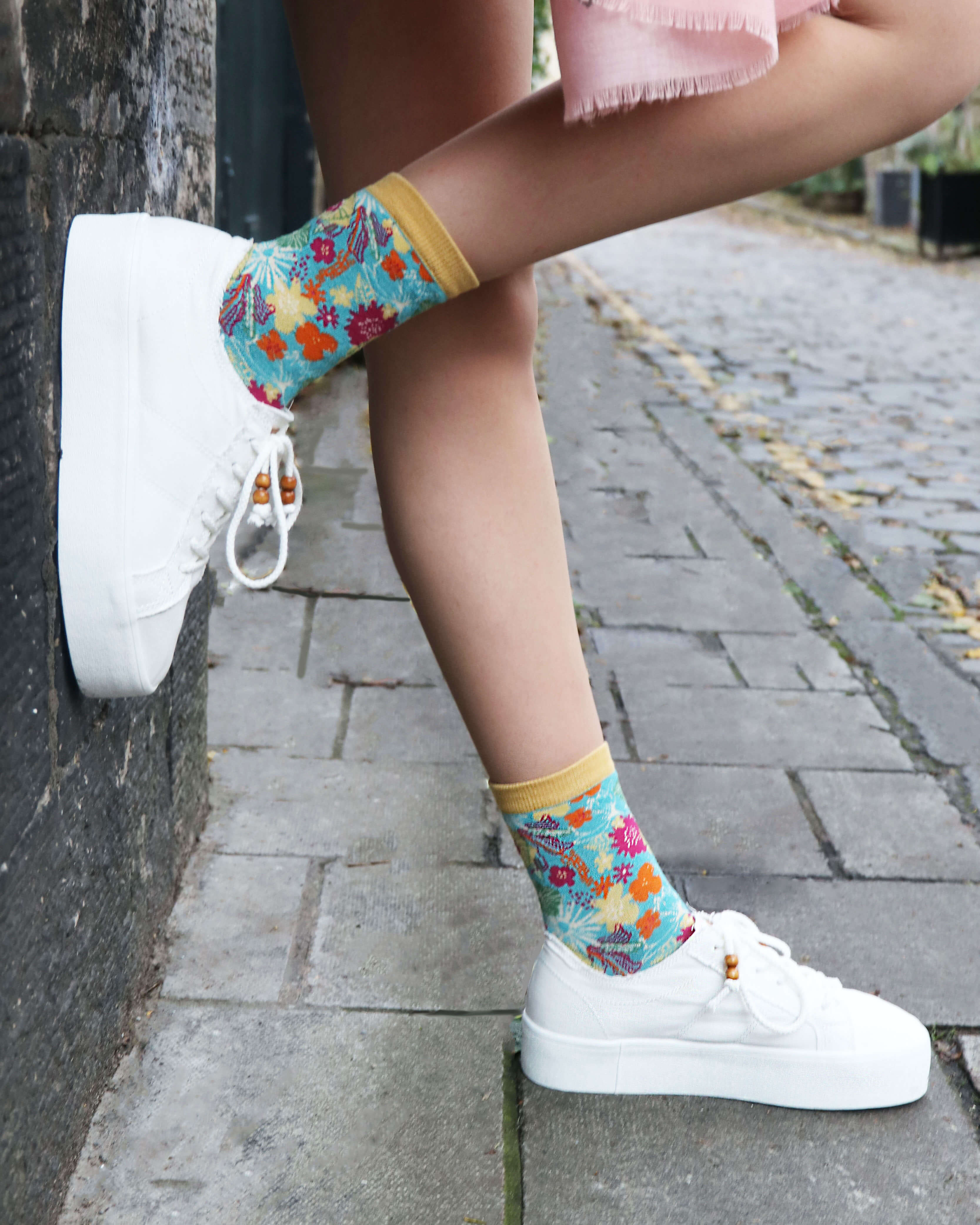 Ladies Ankle Socks - Modern Floral - Turquoise