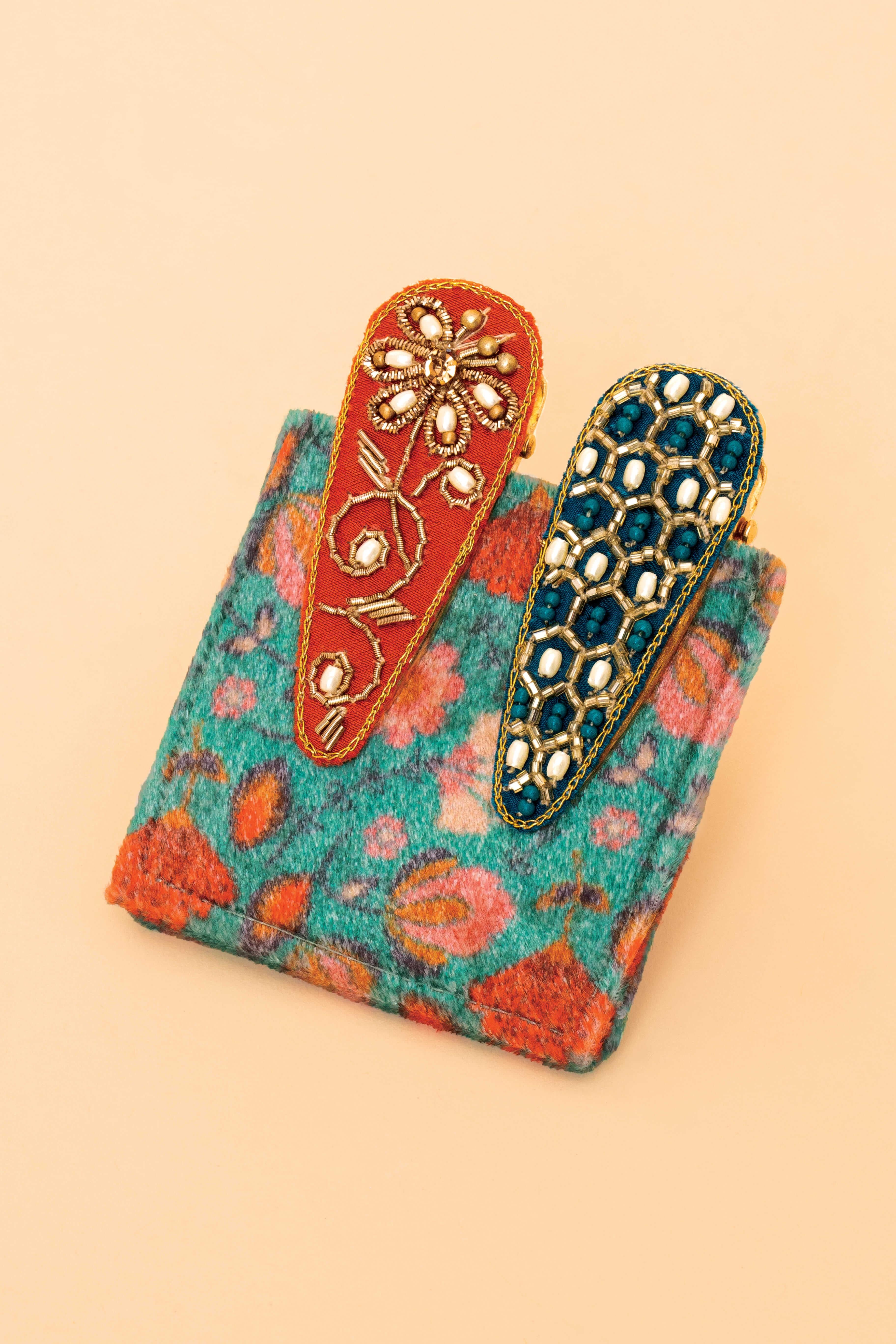 Hexagon/Floral Stem Jewelled Hair Clips -Teal/Tangerine
