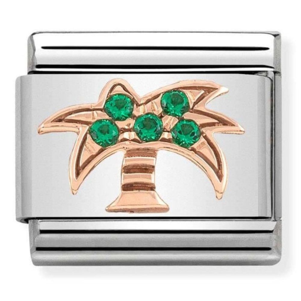 Composable Classic Symbols In Steel, 9k Rose Gold Palm Tree with Green CZ Stones Charm