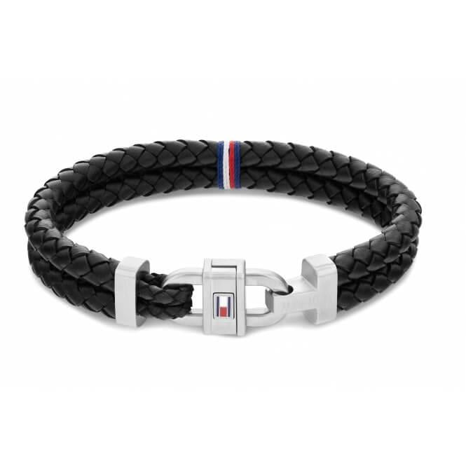 Carabiner Black Leather Braided Gents Bracelet