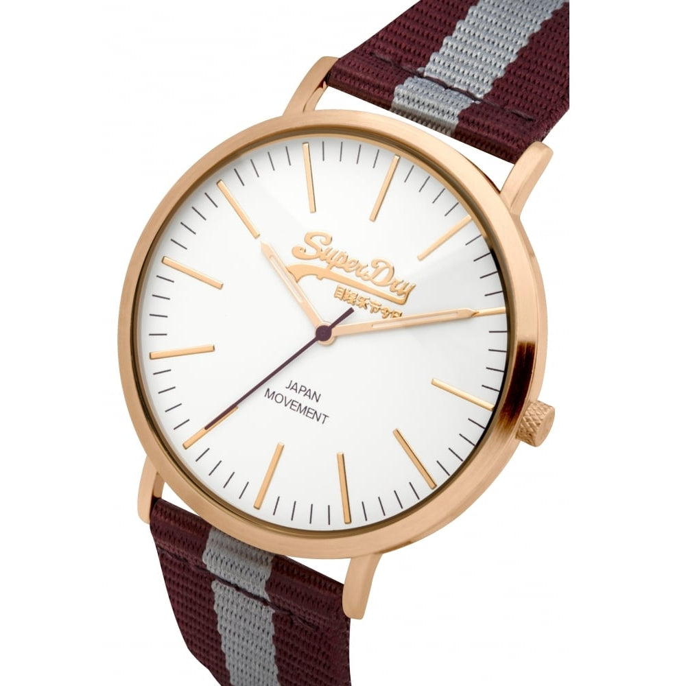 Oxford Nylon Purple And Grey Stripes With Purple Leather Strap Watch With White Dial