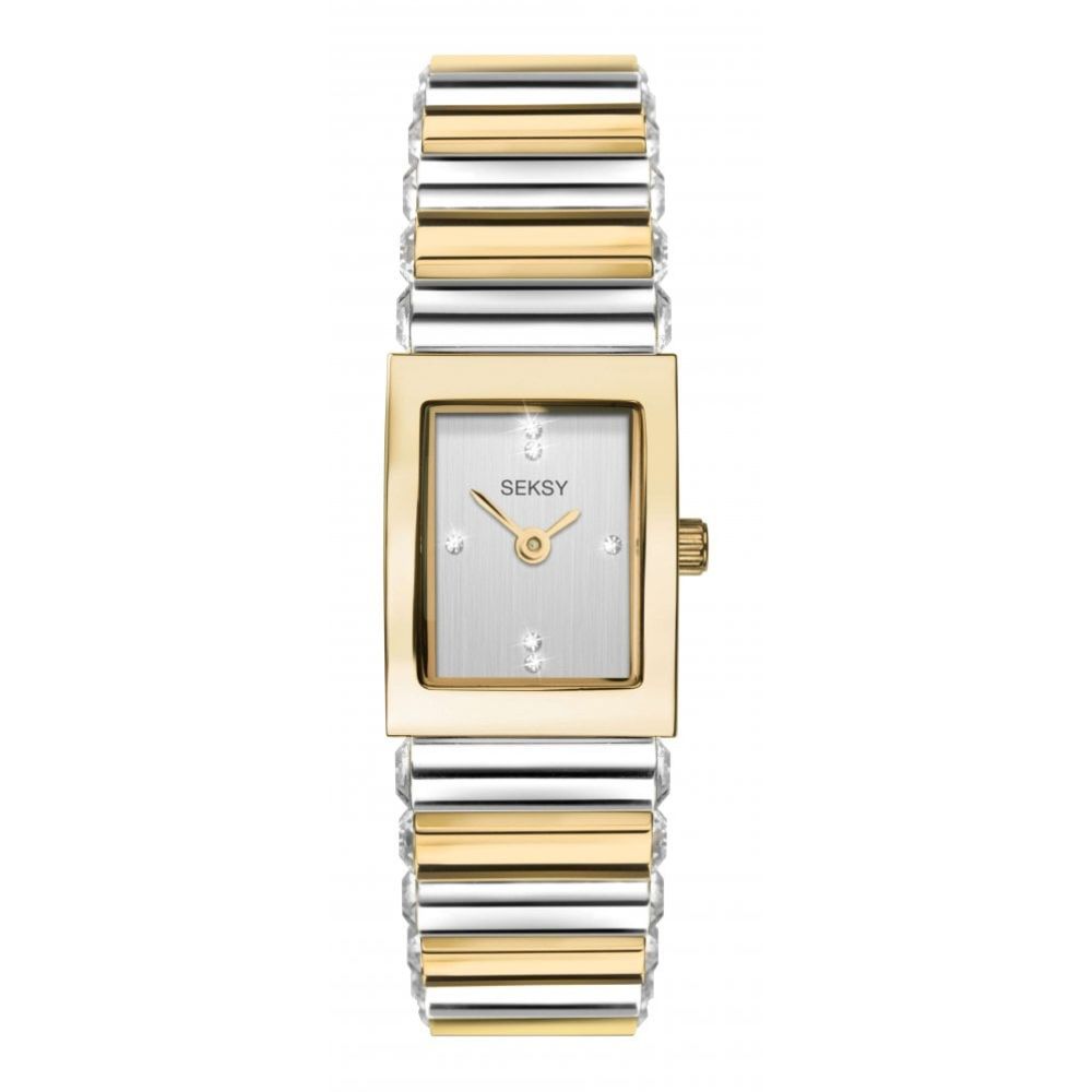 Rectangular Gold Tone Case With Silver Stone Set Dial & Two Tone Gold Bracelet Strap Ladies Watch