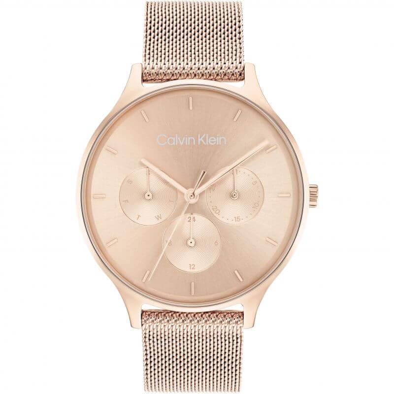 Multifunction Rose Gold Plated Day and Date Steel Mesh Bracelet Strap Watch