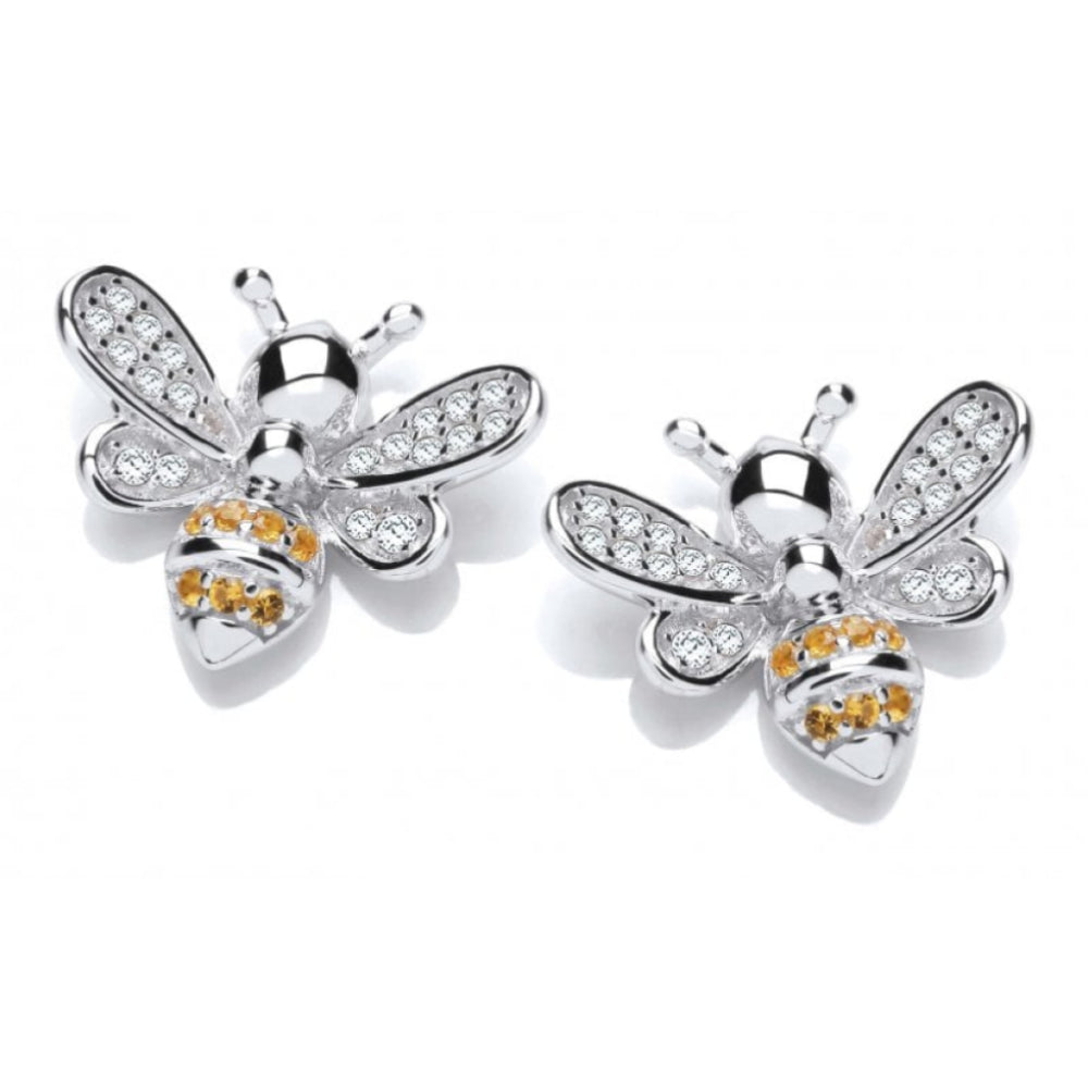 Silver CZ Yellow Honey Bee Earrings