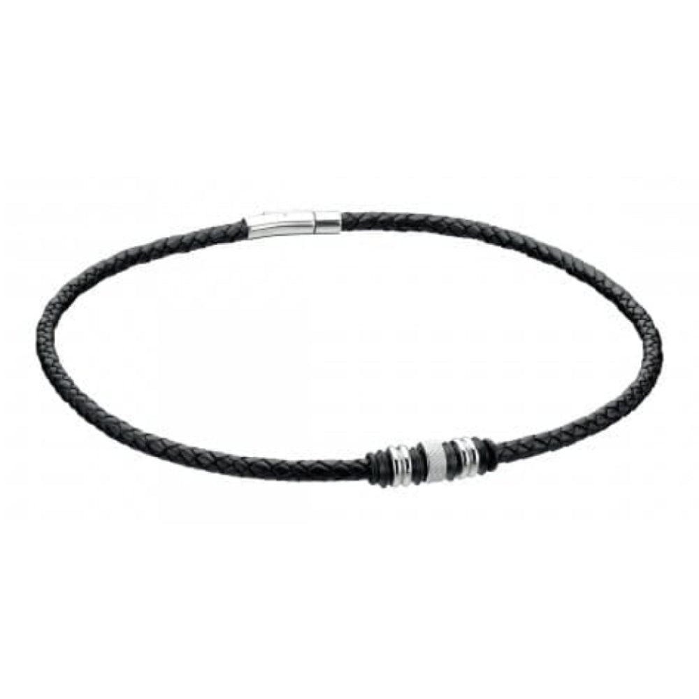 Gents Stainless Steel With Black Leather & Beads Necklace