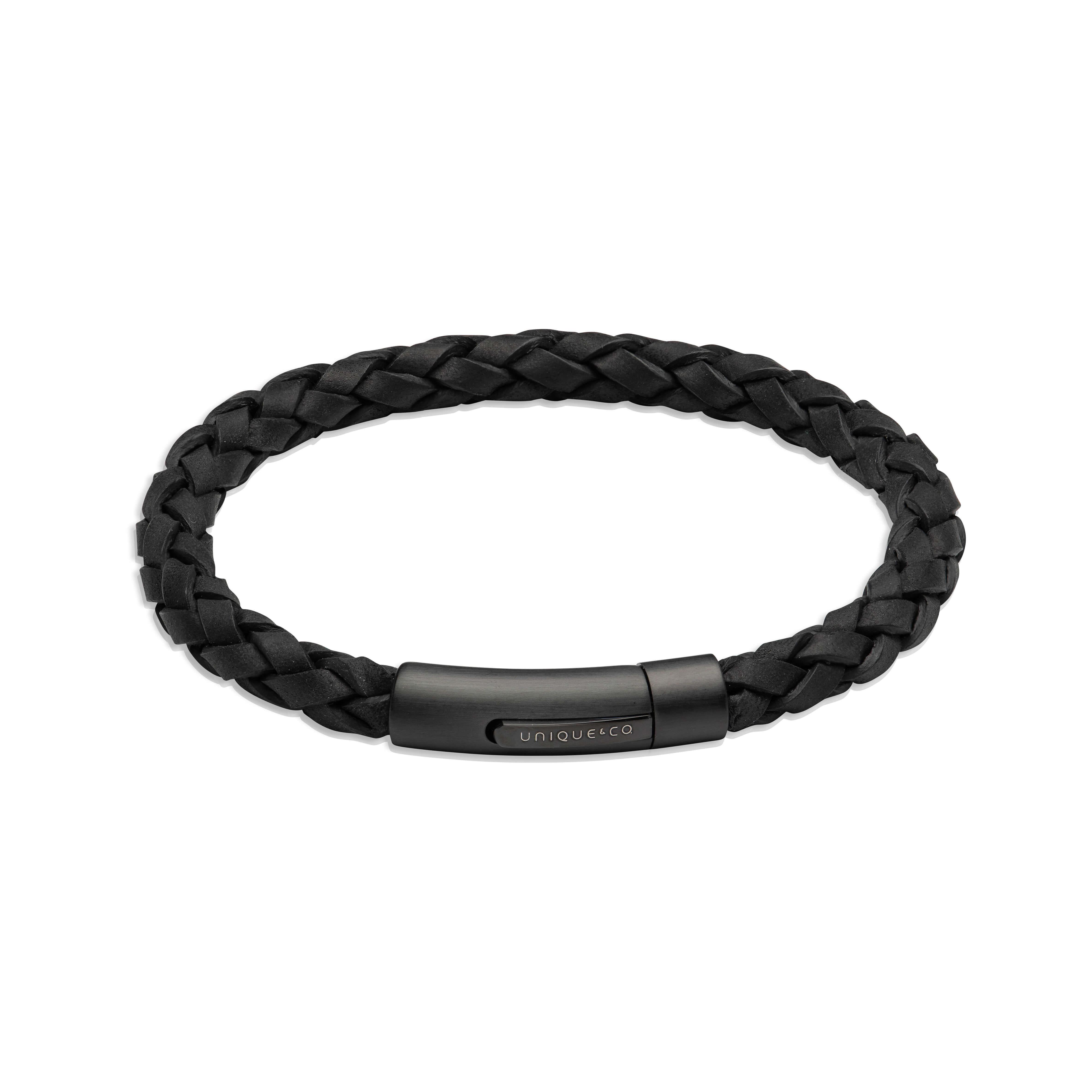 Black Leather Black Edge Bracelet With Matte Black IP Plated Steel Clasp