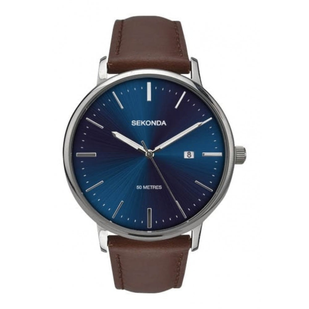 Stainless Stee Blue Dial With Black Leather Strap Gents Watch
