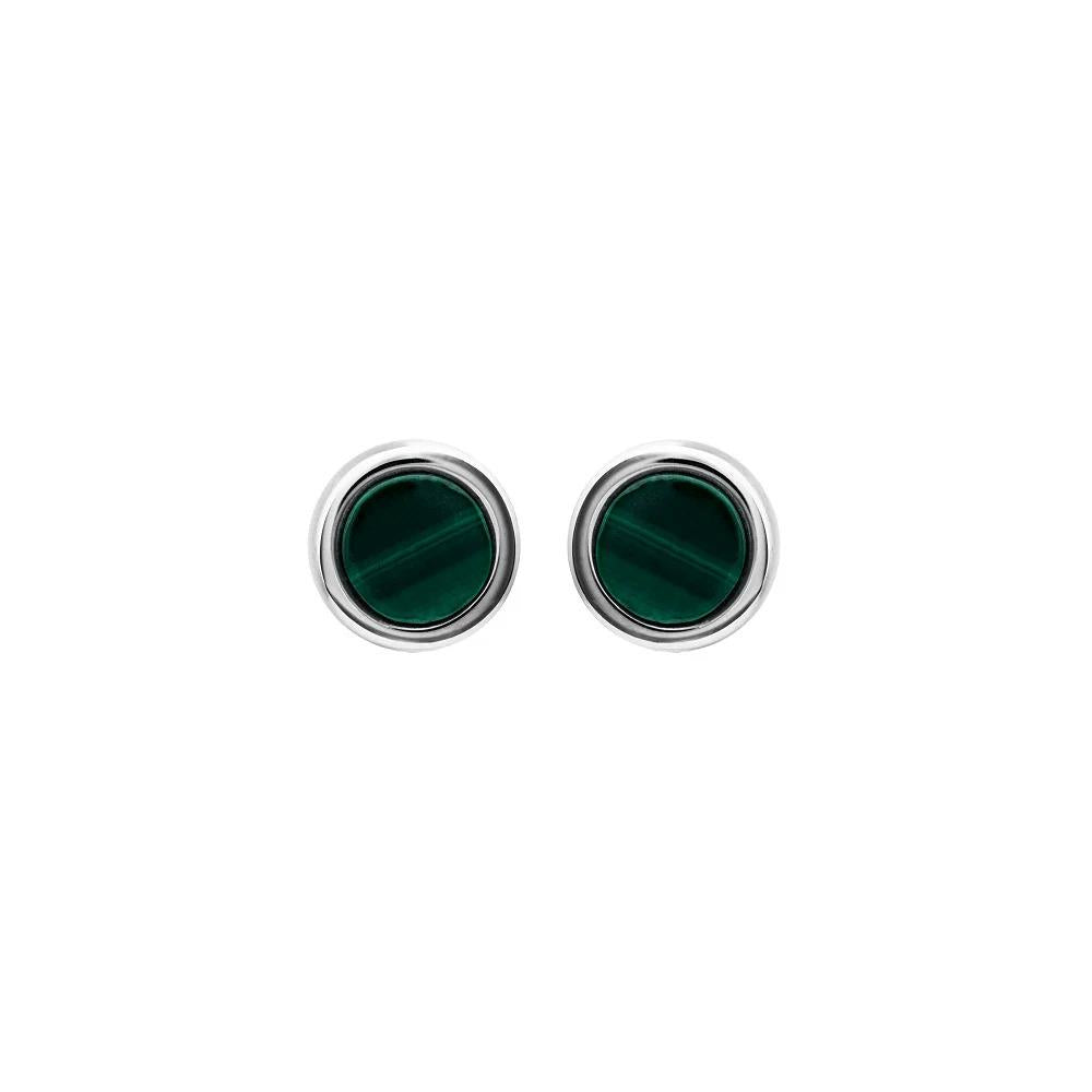 Round Malachite Silver Stud Earrings with Rhodium Plating