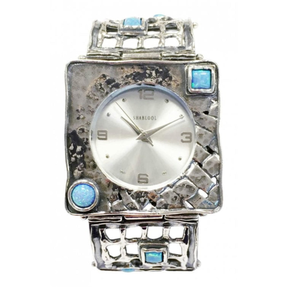Sterling Silver Ladies Square Watch With Opal