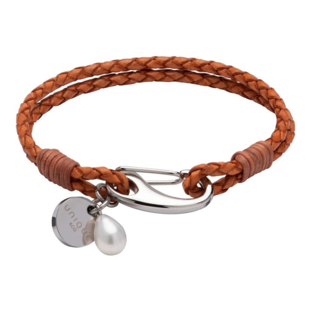 Antique Orange Leather Bracelet with Steel Shrimp Clasp - Pearl