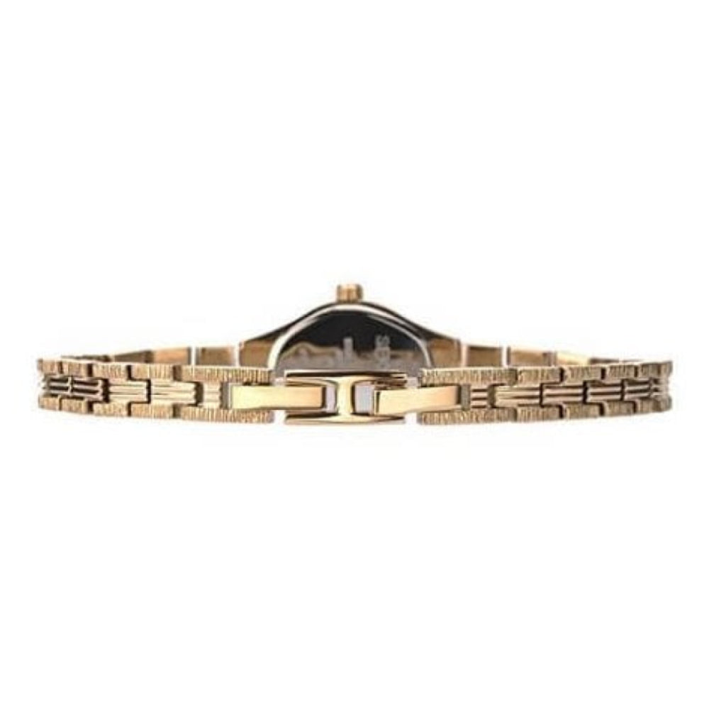 Gold Plated Textured Bracelet Strap & Case With Black Oval Dial Ladies Watch