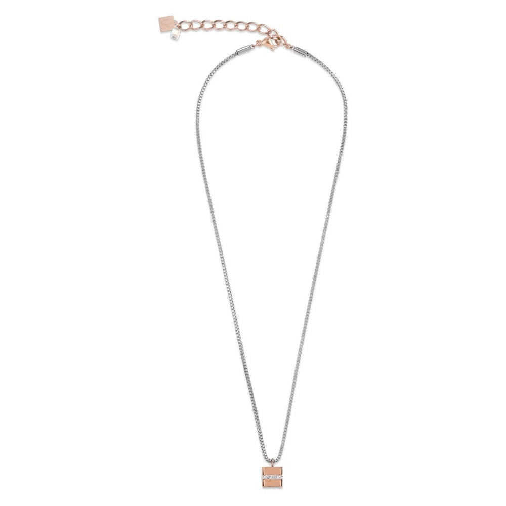 Rose Gold-Silver Cube Pendant Stainless Steel Chain Necklace