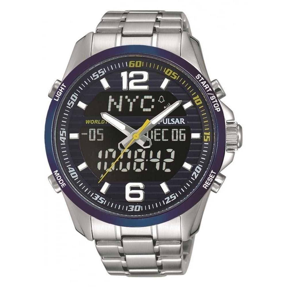 Mens Blue Digital Analogue World Time Bracelet Watch