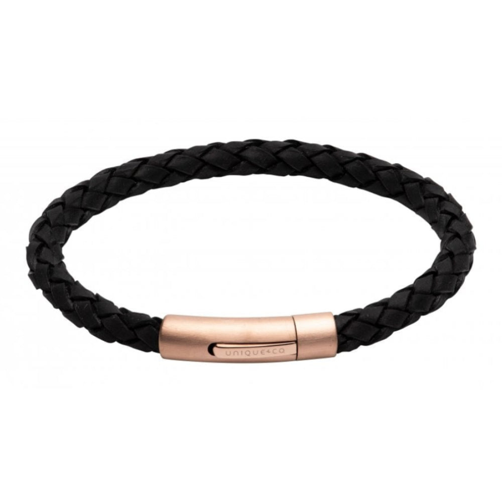 Black Leather Bracelet with Matte Rose Gold IP Plated Steel Clasp
