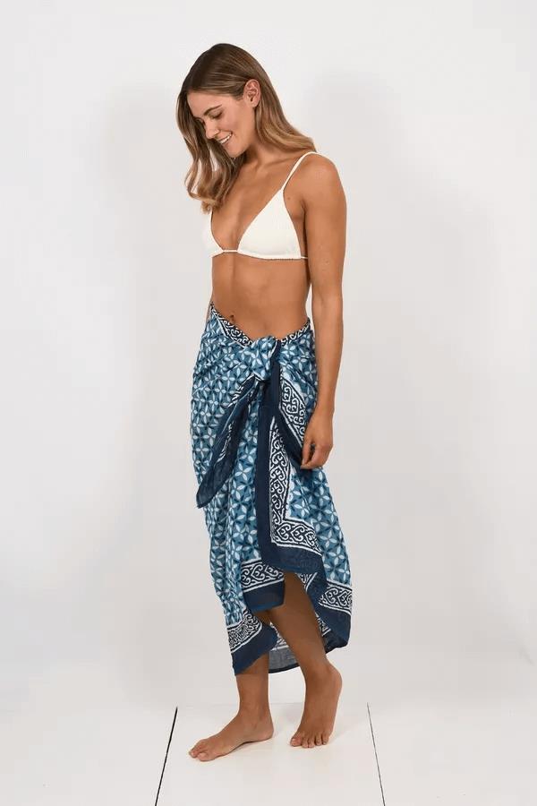 Hand Printed Cotton Sarong Tiles Blue