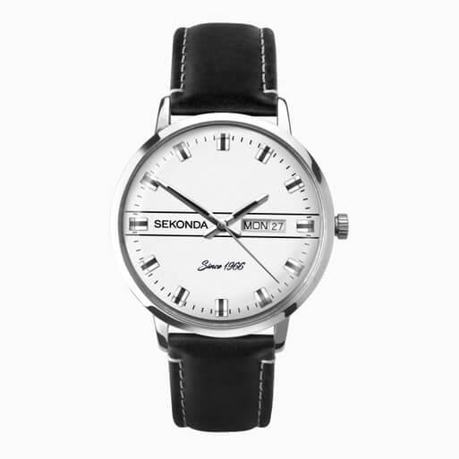 Silver Case With Silver Dial & Black Leather Strap Men's Heritage Watch