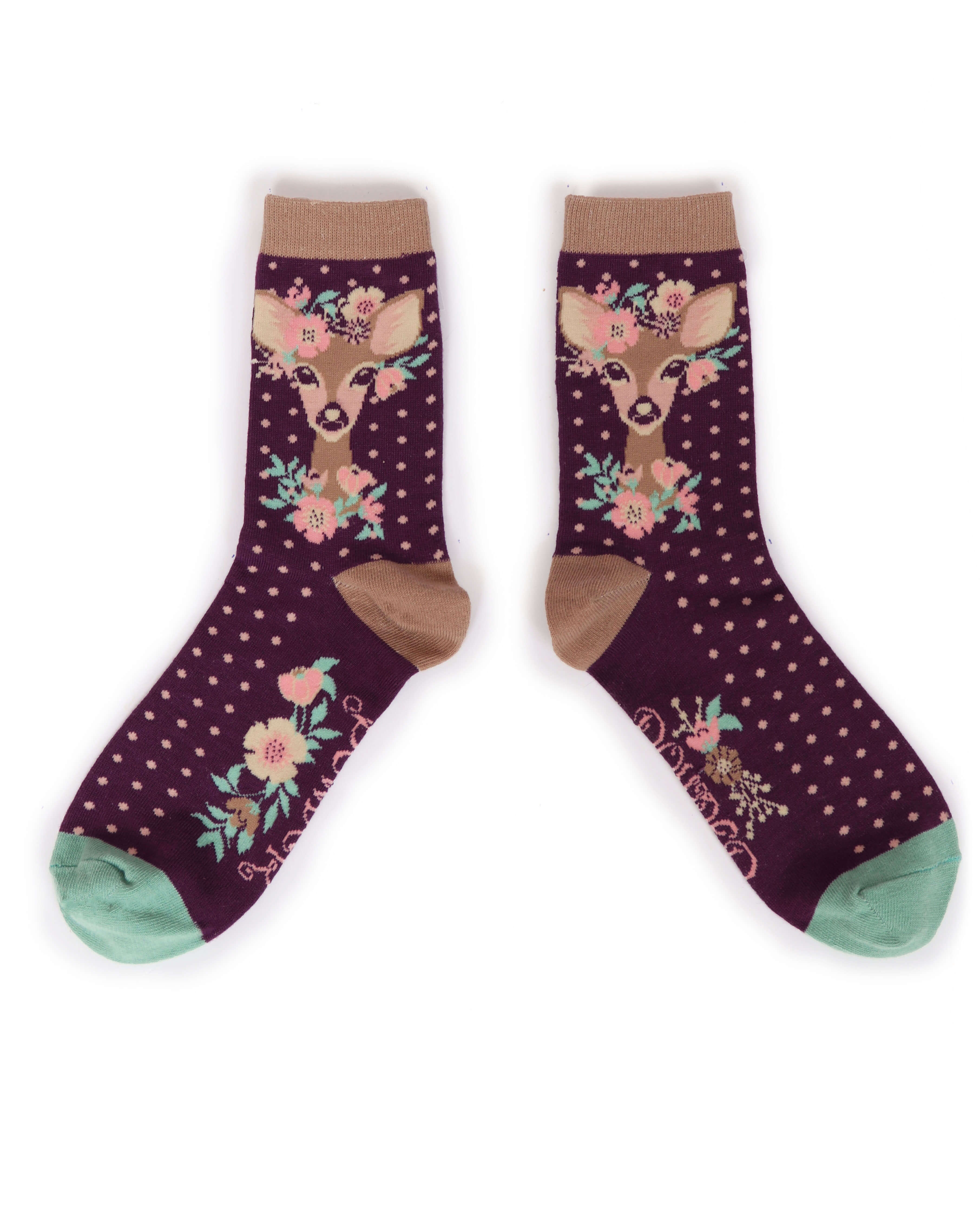 Floral Deer Ankle Socks- Damson